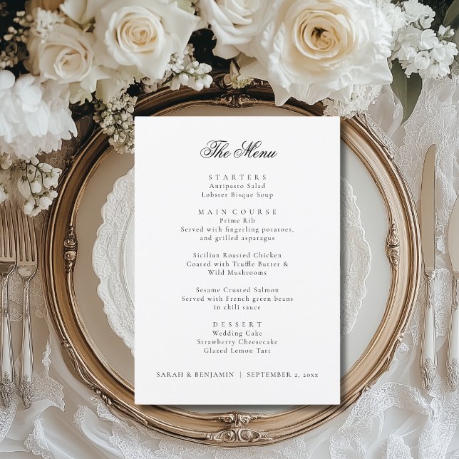 Elegante Menu Negra Casamento e Recepção Obrigado (This elegant wedding menu is perfect for creating that fine art wedding look.)