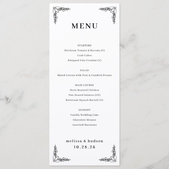 Elegante Menu Preto e Branco (Frente)