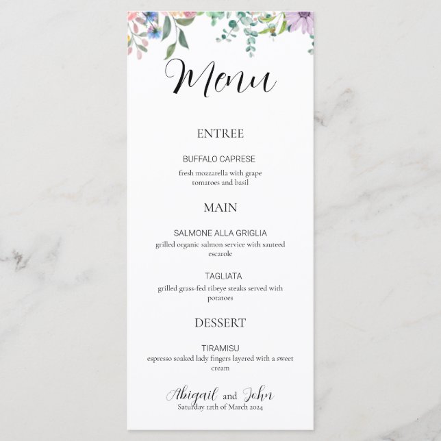 Elegante Menu Recepção de casamento de Flor Selvag (Frente)