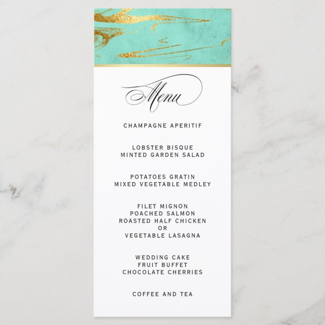Elegante Mint e Dourado Marble Weding Menu (Frente)