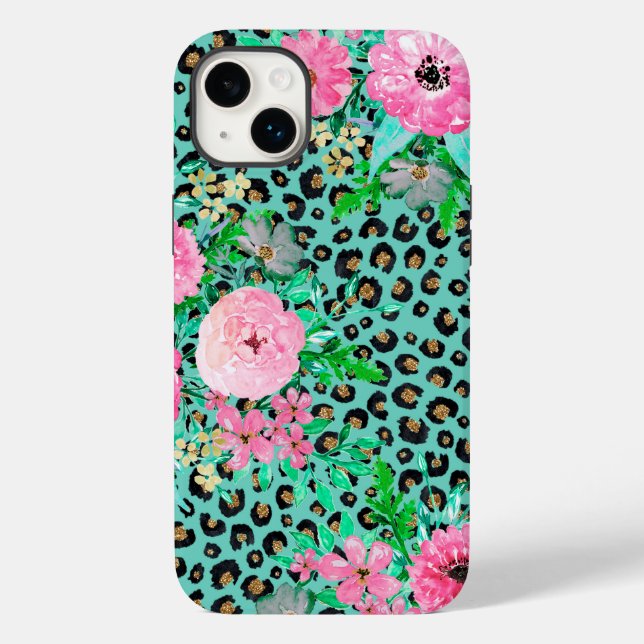 Elegante Mint Leopard Print e Floral Design (Verso)
