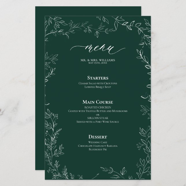 Elegante moderno Emerald Green Leaf Menu Casamento (Frente/Verso)