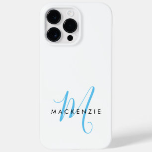 Elegante Monograma Moderno em Branco e Azul Céu co