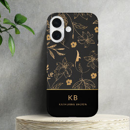 Elegante Monograma Moderno Padrão Floral Preto Dou