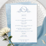 Elegante Monogrammed Blue Watercolor Menu<br><div class="desc">Bem-vindos aos seus convidados à mesa com este elegante menu de casamento monograma, com um belo monograma de folhas desenhado à mão com casais iniciais, e listras de borda azul de cor d'água. De volta com uma bela lavagem a aquarela em várias tonalidades azuis. Parte da nossa coleção "Blue Watercolor...</div>