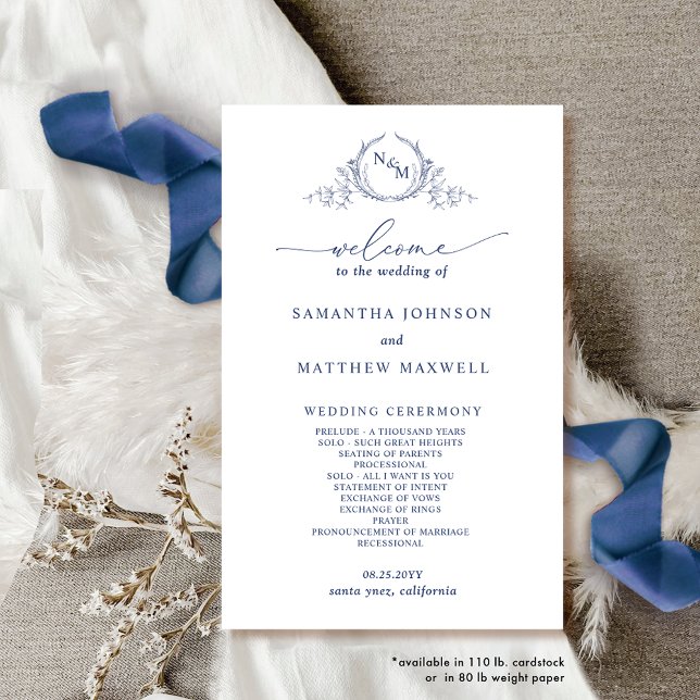 Elegante Monogrammed Blue Weding Program (Criador carregado)