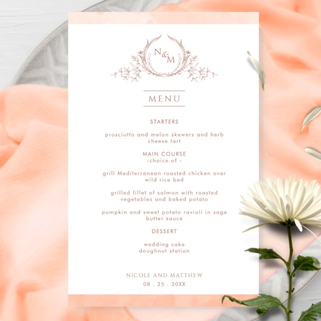 Elegante Monogrammed Peach Watercolor Menu (Criador carregado)
