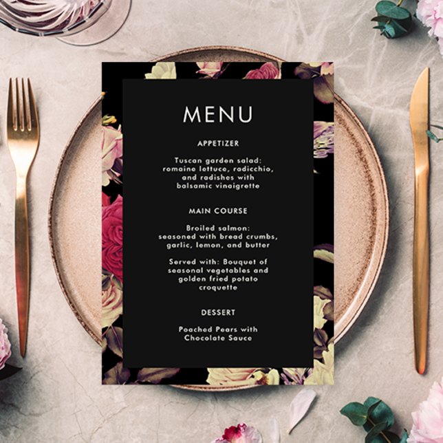 Elegante Moody Floral Wedding Menu (Elegant and stylish botanical wedding menu includes a beautiful black floral back of the card.)