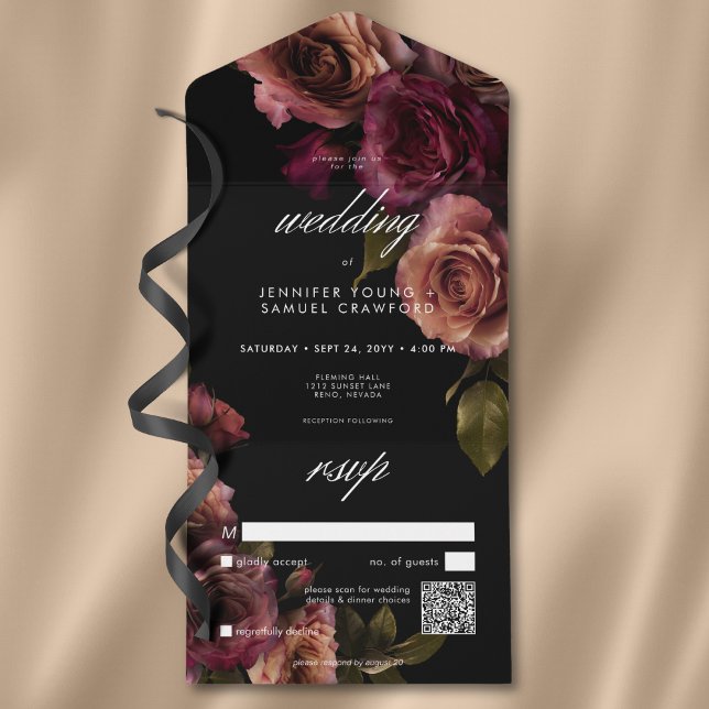 Elegante Moody Muody Rust & Burgundy Floral Código (Elegant Moody Muted Rust & Burgundy Floral QR Code All In One Invitation)