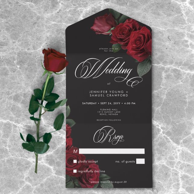 Elegante Moody Rosas vermelhas Casando Sem Janto (Elegant Moody Blood Red Roses Wedding No Dinner All In One Invitation)
