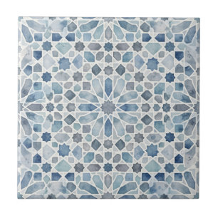 Elegante Mosaico Zellij Marroquino em Aquarela Azu