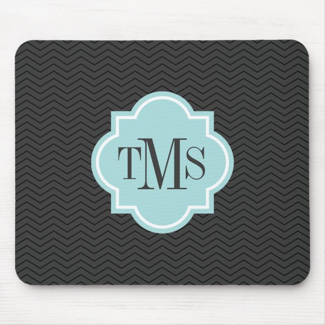 Elegante mouse pad monograma cinza e azul-turquesa (Frente)