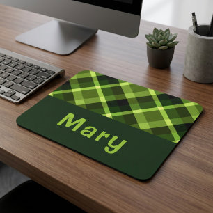 Elegante Mousepad Monograma Xadrez Verde Ervilha