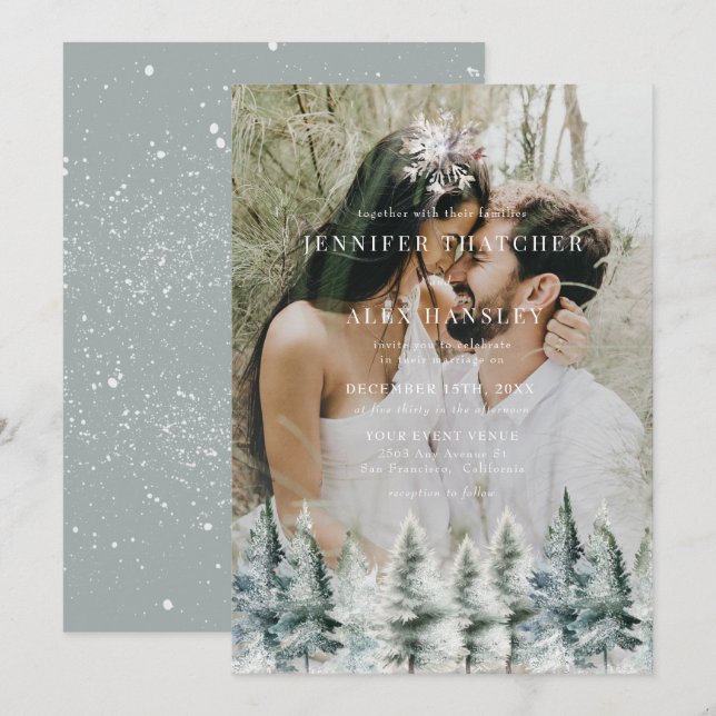 Elegante Neve de Inverno | Convite de Casamento de (Frente/Verso)
