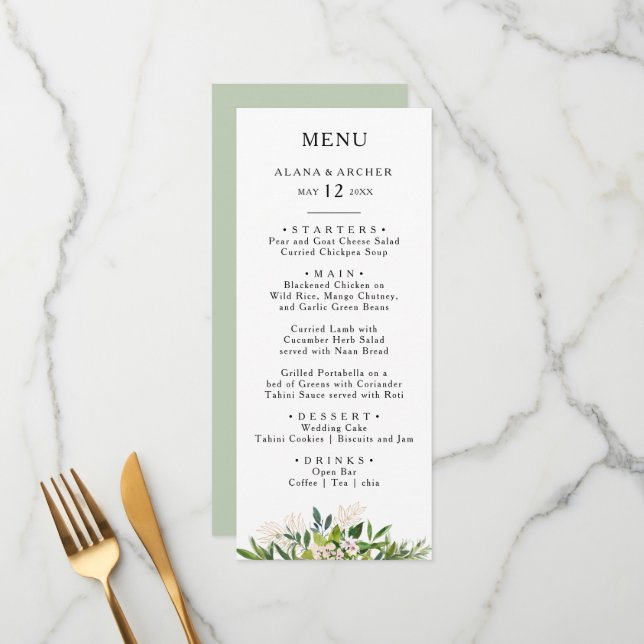 Elegante Olive Greenery Menu Janto Casamento (Frente/Verso In Situ)