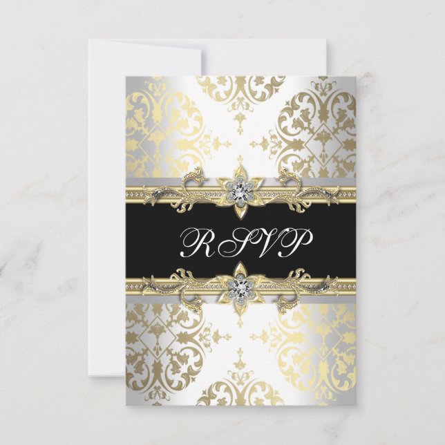 Elegante Ouro Branco Preto Damask RSVP (Frente)