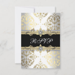 Elegante Ouro Branco Preto Damask RSVP
