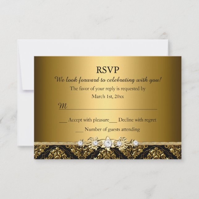 Elegante Ouro & Preto Damask RSVP (Frente)