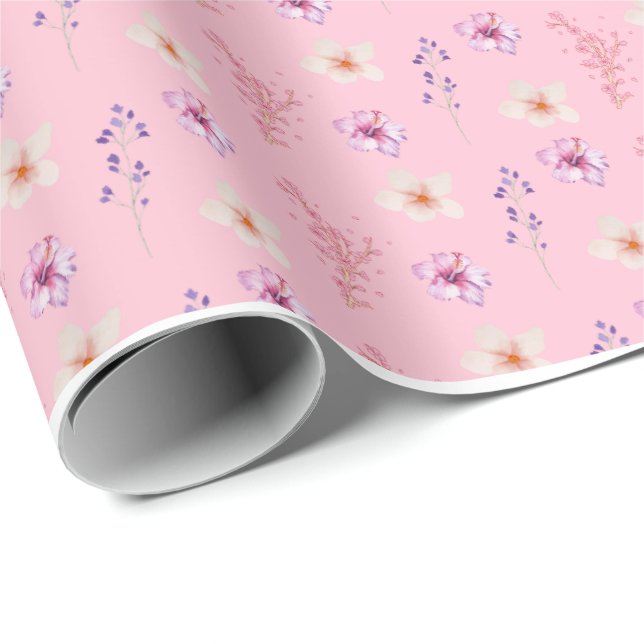Elegante Papel de Presente com Padrão Floral Rosa  (Ponta do rolo)