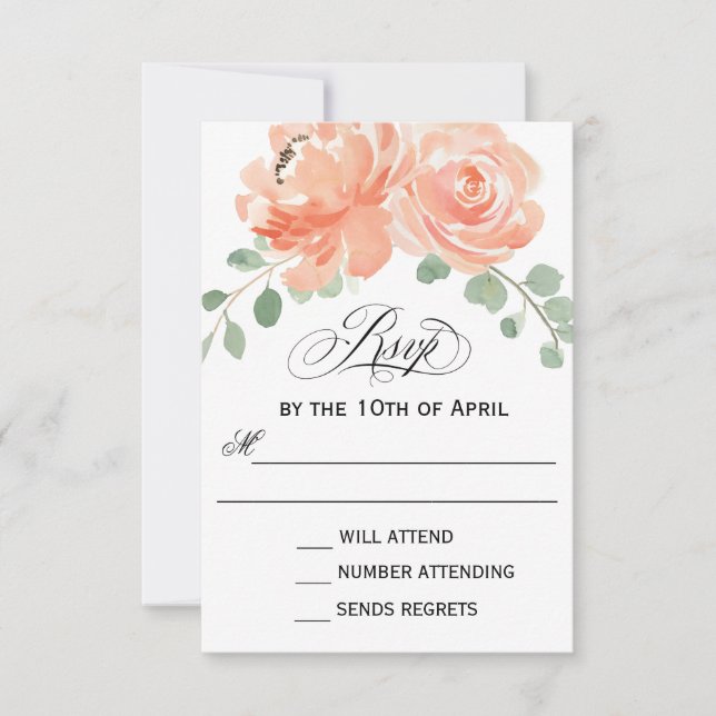 Elegante Peach Watercolor Floral Wedding RSVP (Frente)
