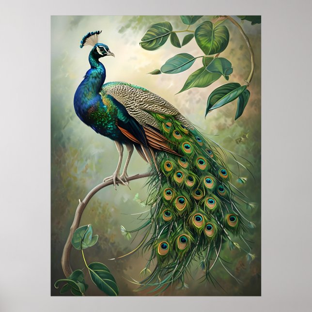 Elegante Peacock Botanical Wall Art Impressão (Frente)