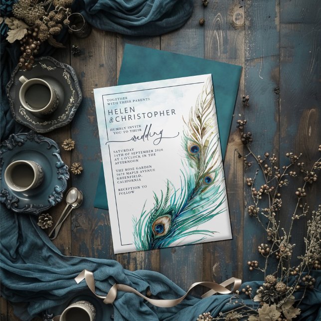 Elegante Peacock & Teal - Convite Lavish Weding (Criador carregado)