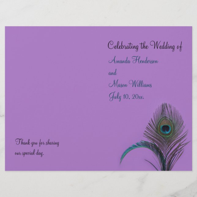 Elegante Peacock Wedding Program (roxo) (Frente)