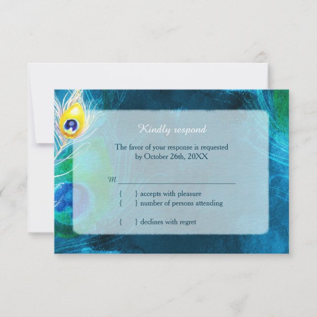 Elegante Penas de Peacock Blue Wedding RSVP (Frente)
