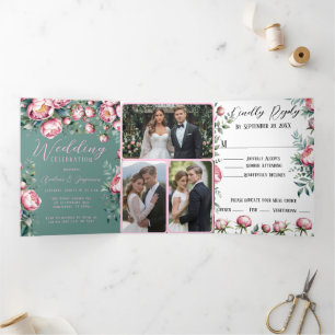 Elegante Peony Buquê em Convite de casamento de Aq