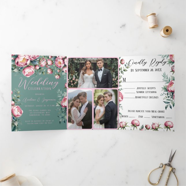 Elegante Peony Buquê em Convite de casamento de Aq (Dentro)