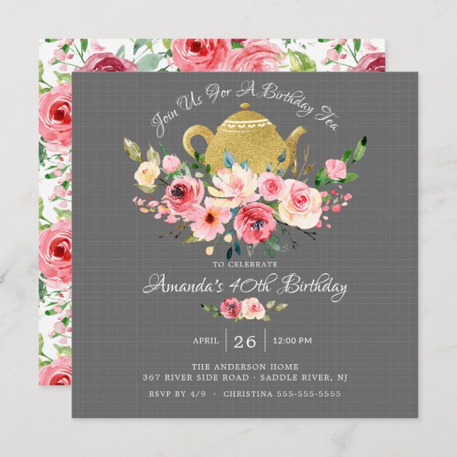 Elegante Peony Floral Birthday Tea Convite (Frente/Verso)