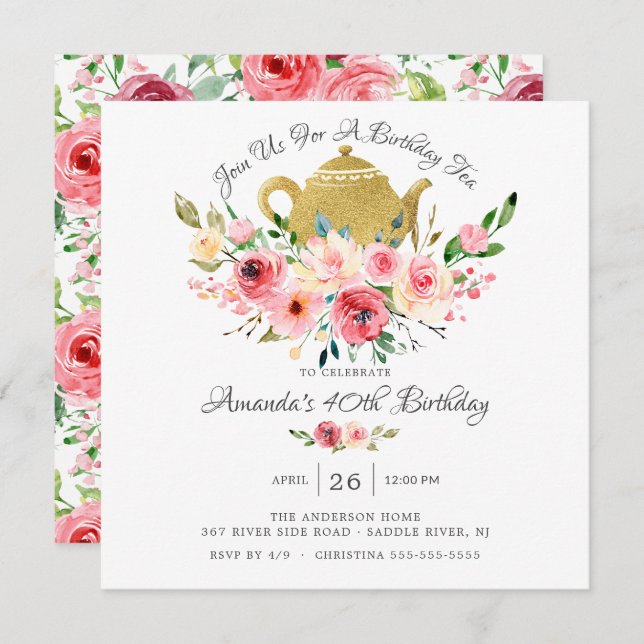 Elegante Peony Floral Birthday Tea Convite (Frente/Verso)