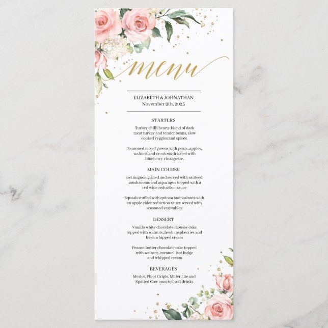 Elegante pincel cor-de-rosa, menu de casamento do  (Frente)