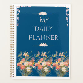 Elegante Planejador Diário Floral Azul Marinho