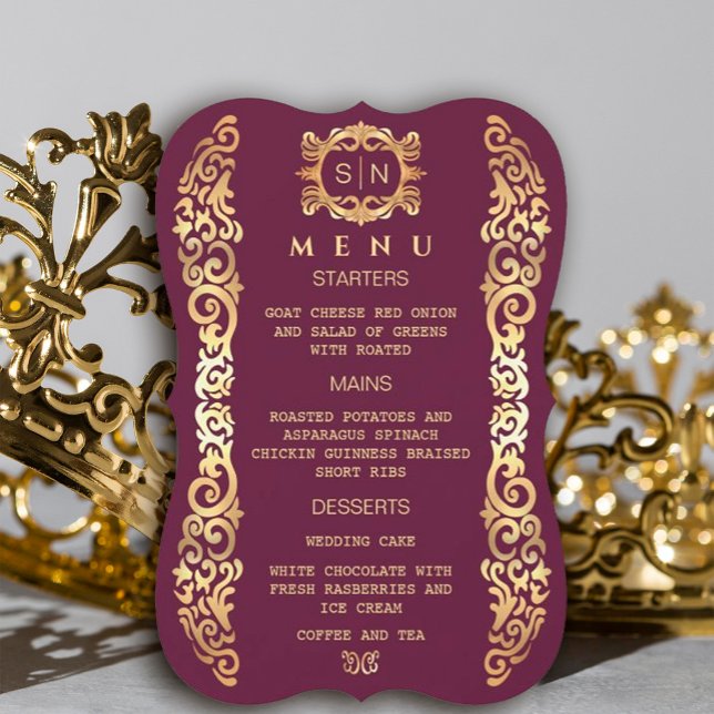 Elegante Plum e Dourado Menu de Casamento de Quadr (#zazzlemade #royal #redandgold #goldframe #luxury #vintagegoldframe #illustratorgoldframe #origena)