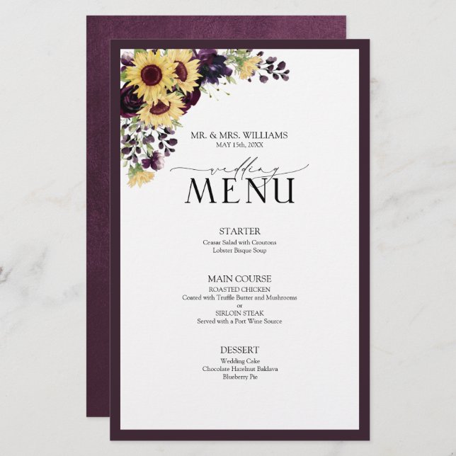 Elegante Plum Purple Sunflower Menu (Frente/Verso)