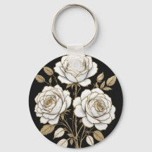 Elegante Porta-Chaves Flor de Rosa Branco e Dourad