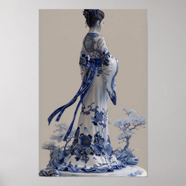 Elegante Poster de Porcelana Azul e Branco 3D com  (Frente)