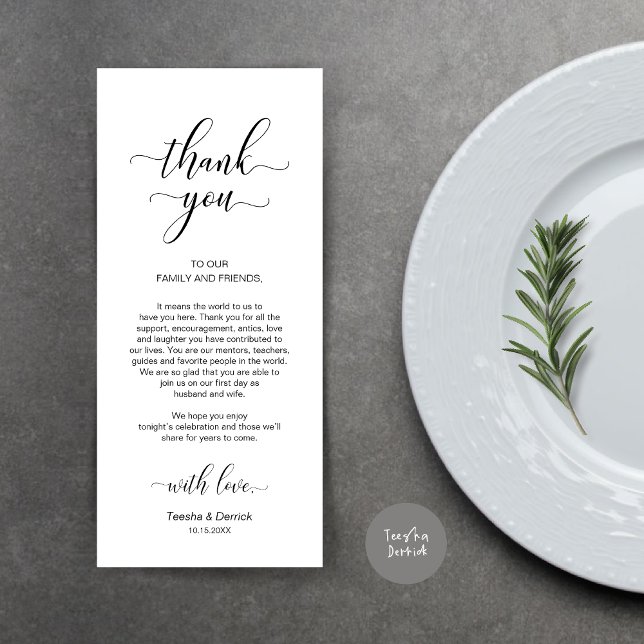 Elegante preto clássico, Cartões de agradecimentos (Wedding Dinner Place Setting Thank You Card, Modern Classy Design, Black and White)