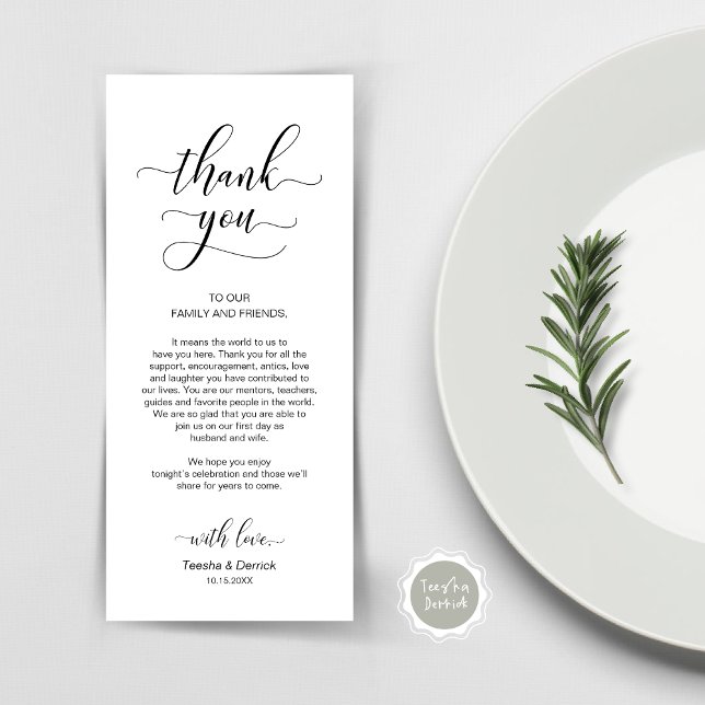 Elegante preto clássico, Cartões de agradecimentos (Wedding Dinner Place Setting Thank You Card, Plate Decor, Modern Classy, in Black and White)