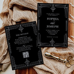 Elegante Preto Código QR Convite de Casamento Tu