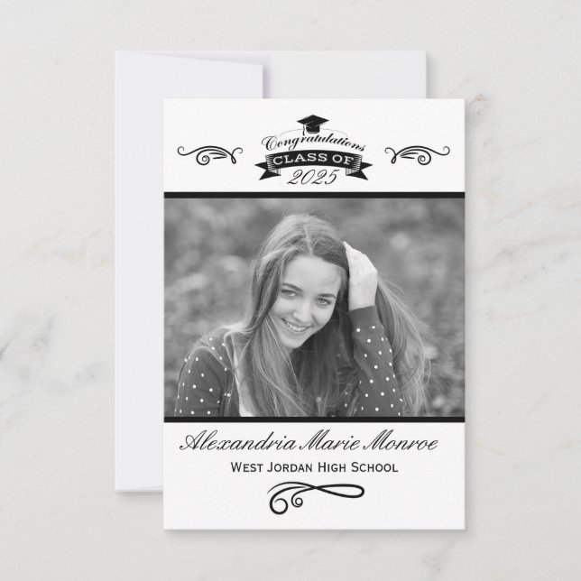 Elegante Preto e Branco - Convite de Formatura 3x5 (Frente)