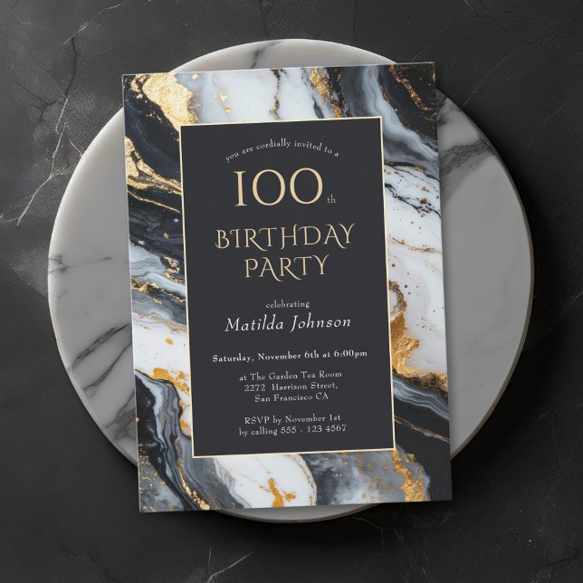 Elegante Preto e Dourado 100º Convite de Aniversár (Elegant Black and Gold 100th Birthday Invitation)