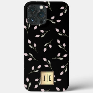Elegante preto floral e monograma brilhante Dourad