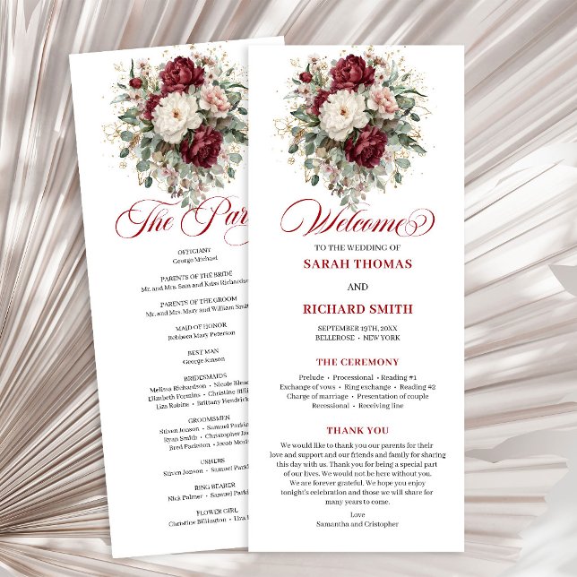Elegante Programa de Casamento com Verde e Borgonh (Vintage Blush Burgundy Floral Wedding Program)