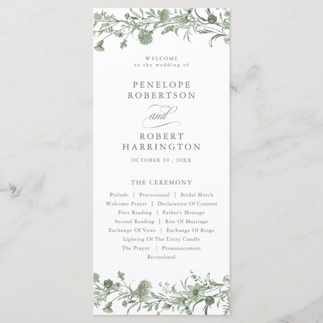Elegante Programa de Casamento Floral em Verde Sál (Frente)