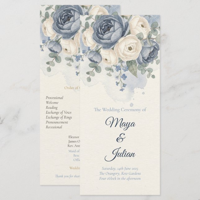 Elegante Programa de Casamento Floral Francês em A (Frente/Verso)