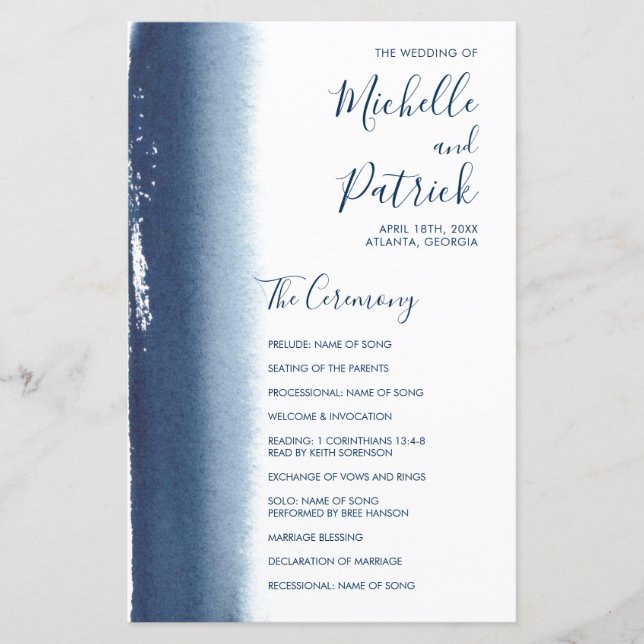 Elegante Programa de Casamento Moderno Azul Naval (Frente)