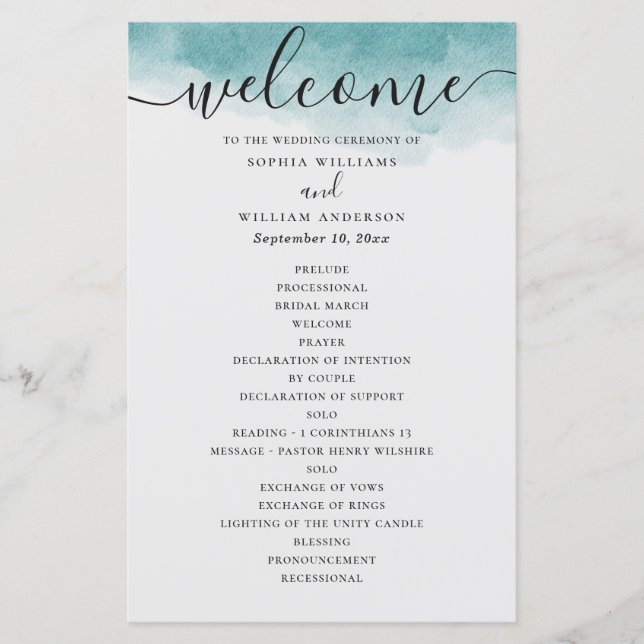 Elegante programa de casamento náutico azul aquare (Frente)