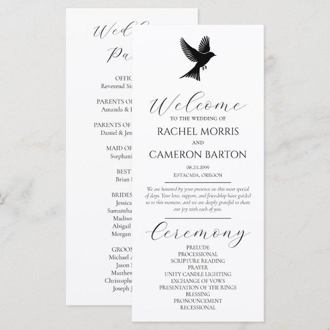 Elegante Programa de Casamento Preto e Branco com  (Frente/Verso)